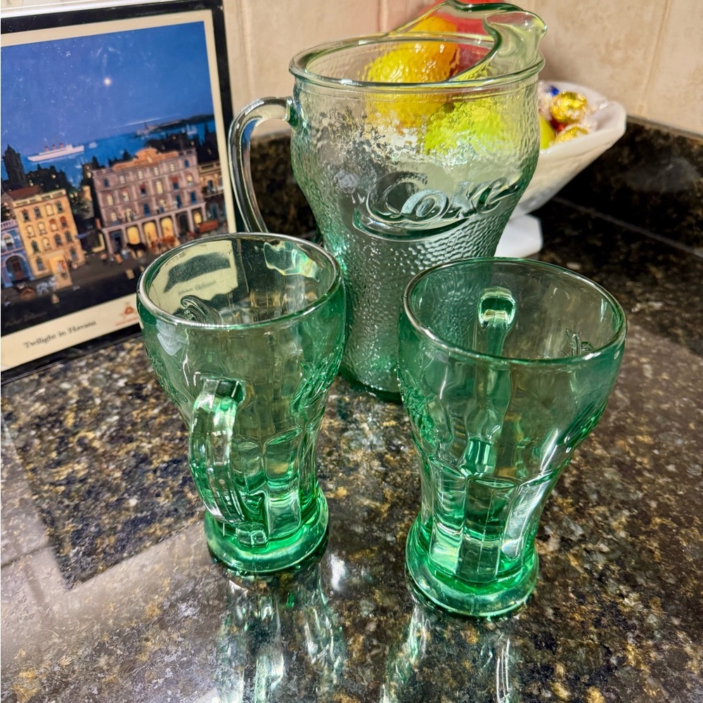 Coca-Cola Emerald Glass Pitcher and Mug Set